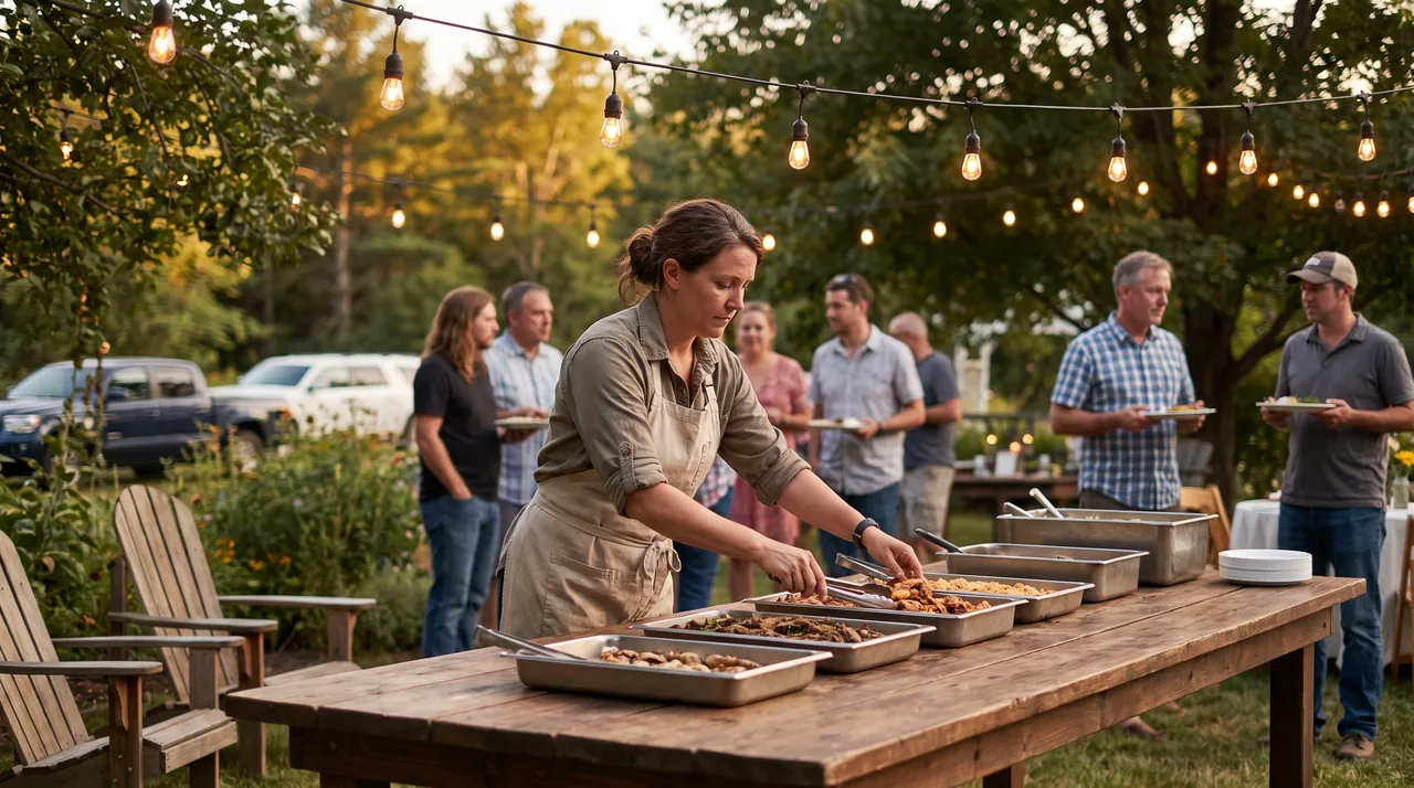 A caterer serving trays of food to guests at an outdoor party under string lights