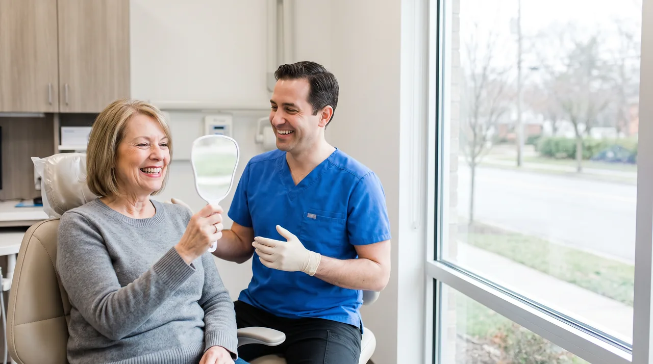 A smiling patient checks her new smile in a mirror while her dentist smiles beside her
