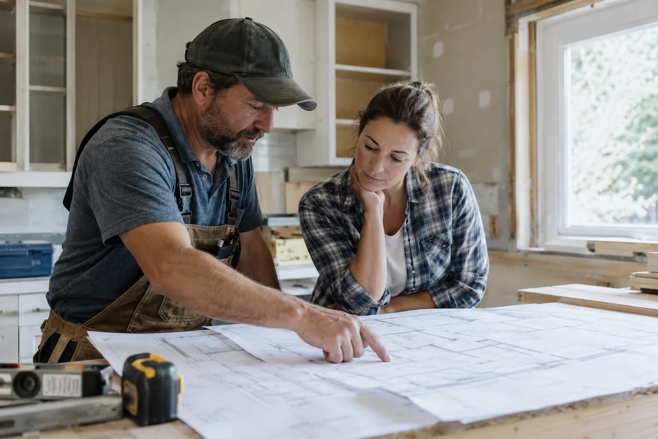 A contractor going over remodel plans with a homeowner at her kitchen counter