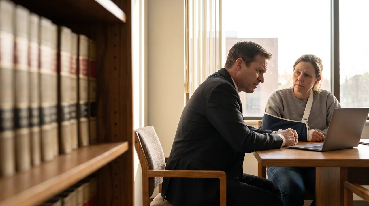 A lawyer listening to a client with her arm in a sling