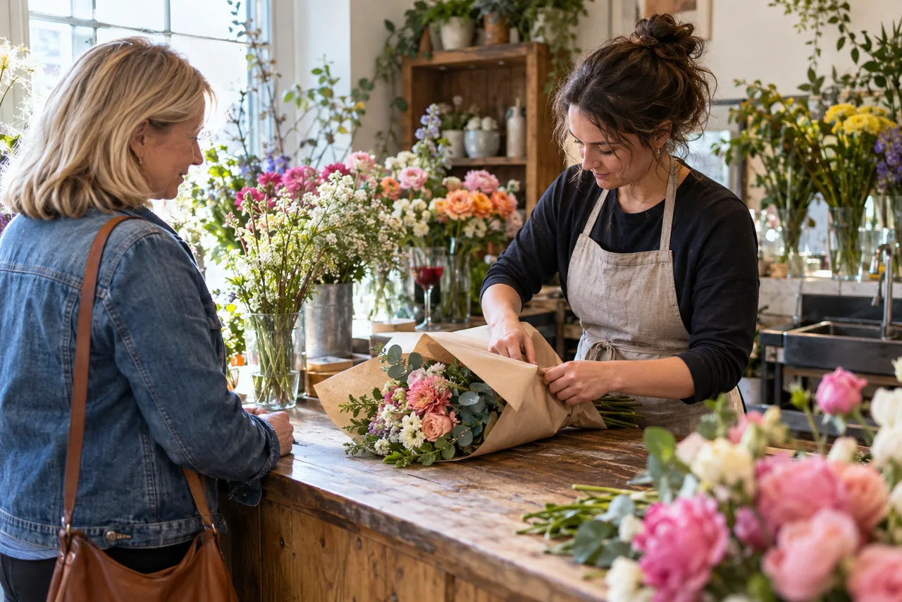 A florist wrapping a bouquet for a customer at her shop counter