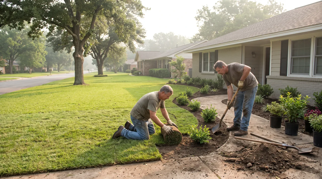 Two landscapers laying fresh sod along a path in front of a house