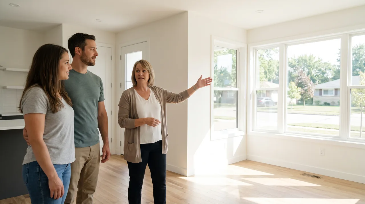 A real estate agent showing a young couple around a bright empty home